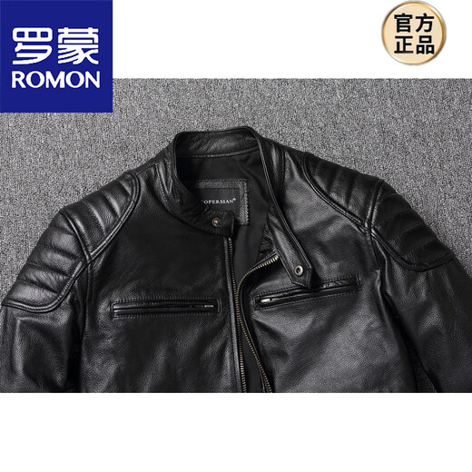 ROMON 2026 new heavyweight first-layer imitation cowhide leather jacket men's stand-up collar motorcycle jacket for young and middle-aged spring and autumn large size jacket black 2102 black S