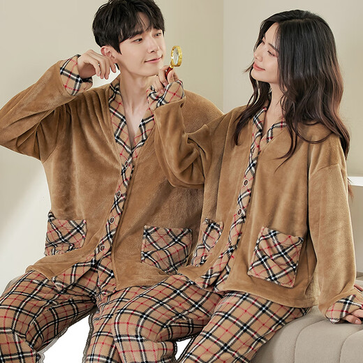 Fenton 2025 Autumn and Winter New Coral Velvet Plaid Couple Pajamas Can Be Weared Outside Age-Reducing Coffee Color Coffee Plaid Women F001 L
