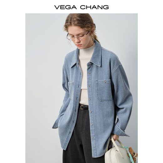 VEGA CHANG 10.27 new, retro relaxed feel, light blue corduroy shirt, loose silhouette, gentle texture, cobalt stone blue, second batch M