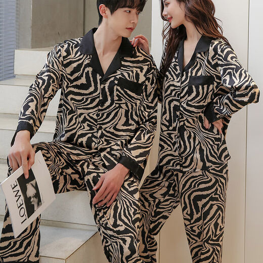 Langsha Couple Pajamas Women's Ice Silk Long Sleeves Long Pants Lapel Korean Style Lovers Couple Print Men's Home Clothes Set 159 Black and White XL Women