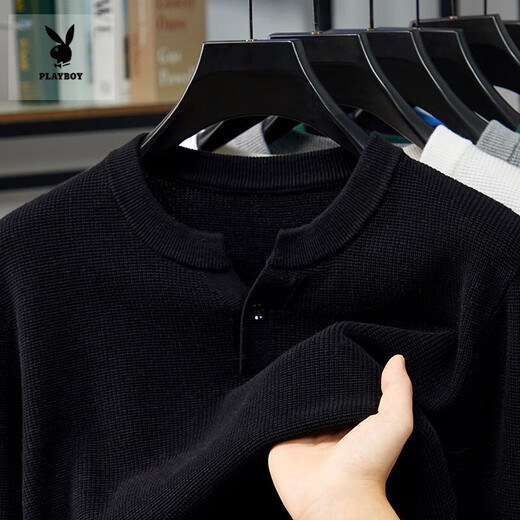 Playboy (PLAYBOY) pure cotton Henry collar long-sleeved sweater men's spring and autumn new casual simple solid color V-neck bottoming shirt white M 165 ((recommended 100-120)