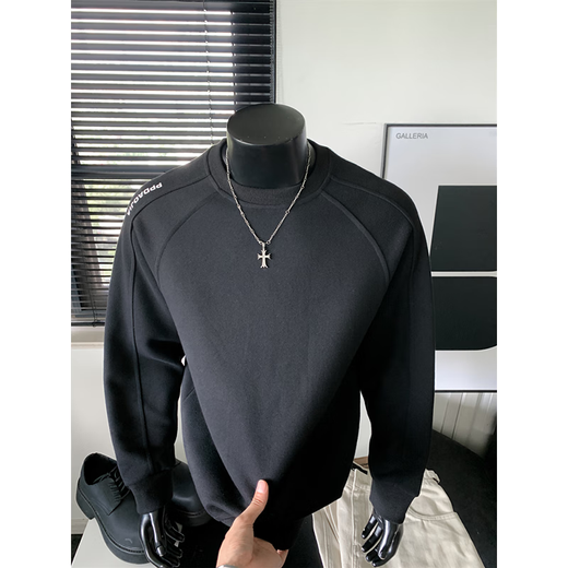 Katuchi American heavyweight patchwork sweatshirt for men in spring and autumn loose trendy casual inner layering shirt round neck pullover top white gray XL