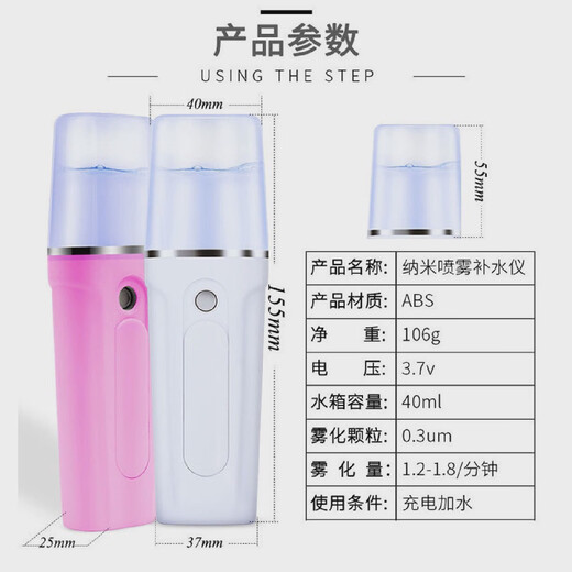 Handheld cold spray rechargeable girl's skin test steaming face mini portable moisturizing beauty white luxury model (water tank 40ML)