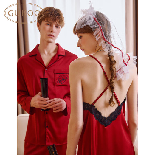 Gukoo Couple Pajamas Spring and Autumn Newlyweds Red Suspender Nightgown Nightgown Home Clothes Set Men's Pajamas C Good Persimmon Red Men's Suit XL