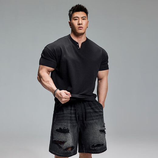 MUSCLE DOG Muscle Dog Fitness Short Sleeve Men's Summer New Product Studded Loose Casual Henley Shirt Training Wear Sports T-shirt White S