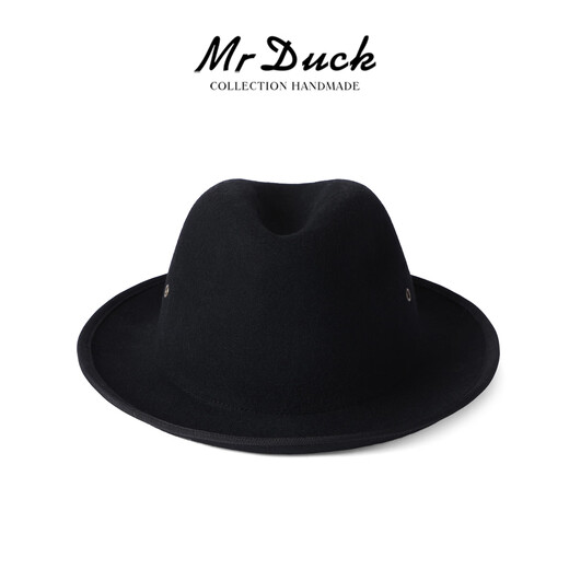 Mr DUCK Australian pure wool handmade top hat rolled edge foldable casual high-end jazz hat for men, warm and breathable in autumn and winter, royal black (top hat) M (suitable for 56-57cm head circumference)