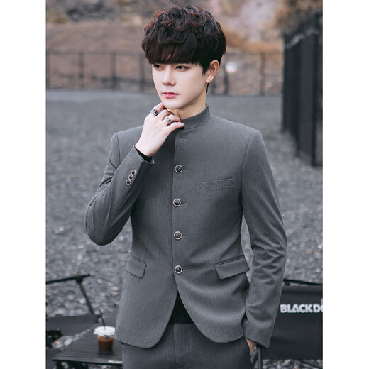 ROMON new style Chinese tunic suit suit men's trendy handsome slim Chinese stand collar performance wedding Tang suit jacket youth black top (single top) XL