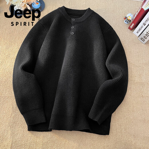JEEP SPIRIT 2025 American casual retro Henry collar sweater men's autumn and winter lazy style high-end knitted sweater for men black L
