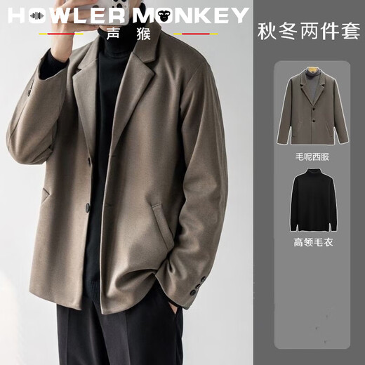 声猴秋冬季毛呢西装外套男正装高级感轻熟风套装加厚大衣韩版休闲西服 棕色西服+黑高领毛衣+西裤 加绒 L