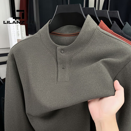 L Lilang's classic Henry collar sweater for men 2025 autumn new business casual fashion loose and comfortable dark gray green S 48