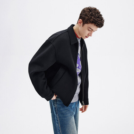 Navigare Italian small sailing short woolen jacket men's 2025 autumn and winter new wool wide lapel jacket dark night black M