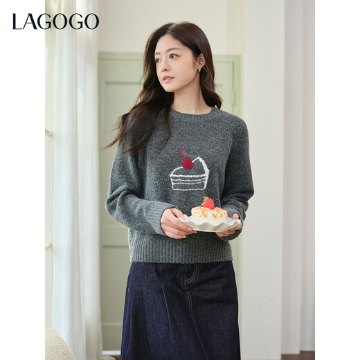 LAGOGO Cherry Black Forest Dark Gray Sweater Women Lagogu 2025 Winter New Style Woolen Round Neck Sweater Dark Gray M
