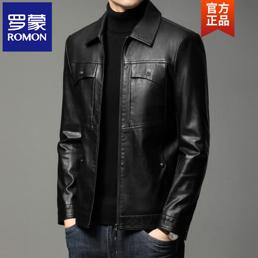 ROMON leather jacket men's spring new leather jacket men's single leather casual lapel father's imitation sheepskin jacket black L 175