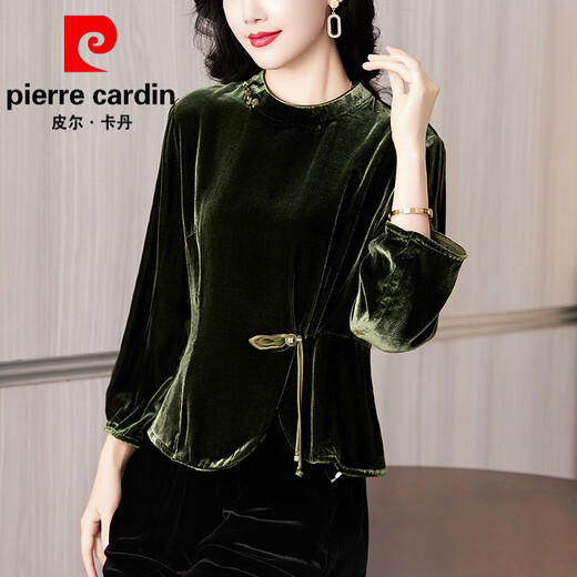 Pierre Cardin high-end brand Chinese style gold velvet top women's long-sleeved autumn and winter new Chinese style mulberry silk shirt mother's silk Pierre Cardin green 3XL (recommended 125-135Jin Jin equals 0.5kg)