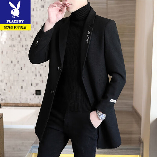 Playboy Autumn and Winter Men's Windbreaker Mid-Length Korean Slim Wool Woolen Coat Handsome and High-end Long Woolen Coat F20 Gray Cotton Thickened XL (115-130Jin Jin is equal to 0.5kg)