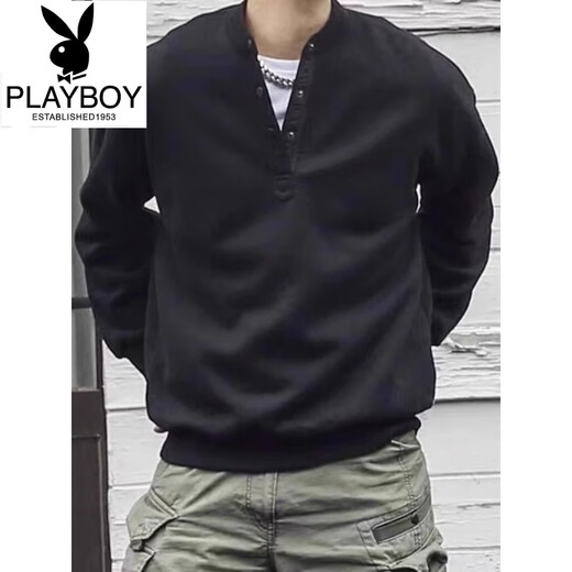 Playboy (PLAYBOY) Japanese retro autumn and winter men's Henry collar long-sleeved bottoming shirt casual loose pullover sweatshirt thickened large size men's trendy gray model high quality regular M