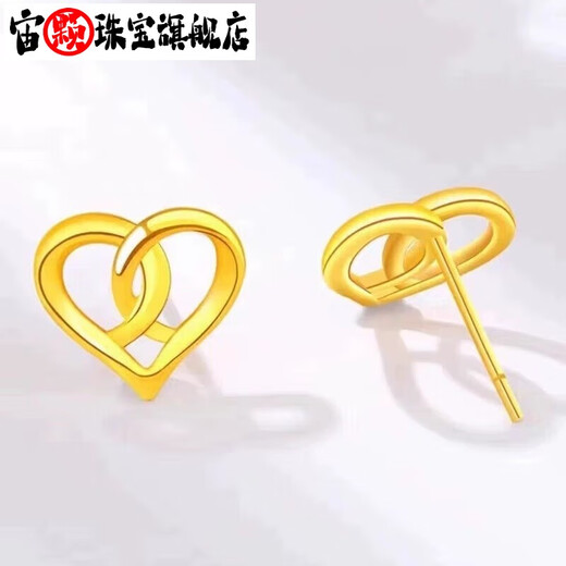 Zhouke Lao Phoenix 999 pure gold four-leaf clover earrings for women, curved hook bean ear sticks, imitation gold earrings, earrings, a pair of four-leaf clover hook earrings, old Phoenix gold shop