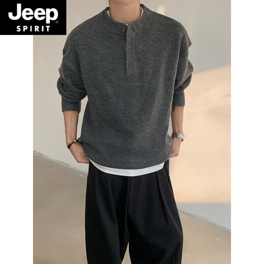 JEEP SPIRITcleanfit henley collar sweater men's autumn and winter warm sweater men's inner long-sleeved base sweater dark gray XL 130 to 145Jin Jin equals 0.5 kg can be worn