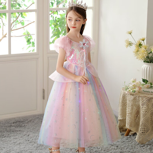 2025 New Summer Elsa Princess Dress Pink Colorful Short-Sleeved Children's Dress Puff Skirt Western Style High-End Pink Neon Princess Dress with Veil 150