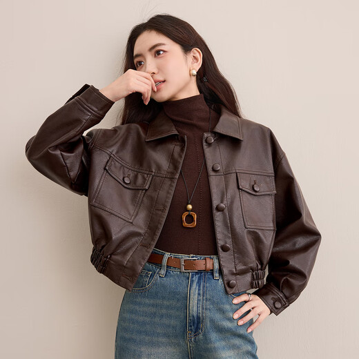 尚都比拉再生纤维素皮衣女秋季摩登通勤翻领长袖机车服宽松显瘦单排扣外套