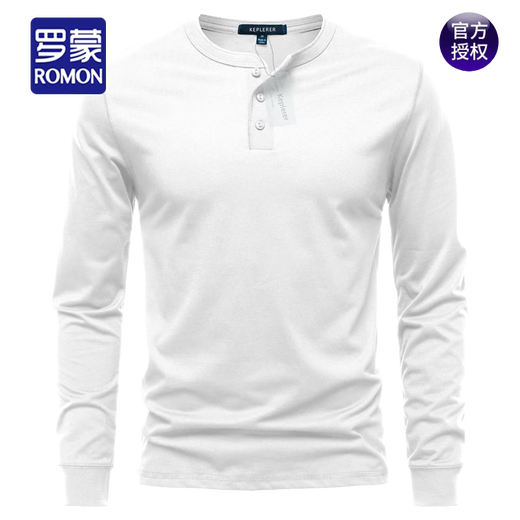 ROMON Men's Henry Collar Long Sleeve T-shirt Round Neck 2025 Spring and Autumn New Cotton Comfortable Versatile Top Trendy Bottoming Shirt White S Weight 90~120Jin Jin is equal to 0.5 kg