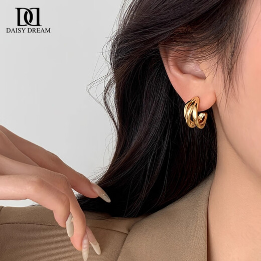 DAISY DREAM925 silver needle gold C-shaped earrings women's high-end earrings 2025 new popular multi-layer plain circle retro earrings gold wrapped C-shaped earrings 925 silver needle