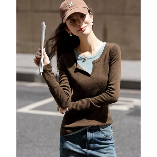 Demana contains fluffy sheep wool, autumn design fake two-piece sweater, color-blocked slim long-sleeved sweater for women