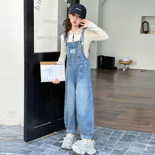 Overalls for women 2025 new little girls denim overalls trousers autumn 2024 children medium and large children one-piece pocket overalls + pit hoodie suit 130 cm recommended height 1.2c