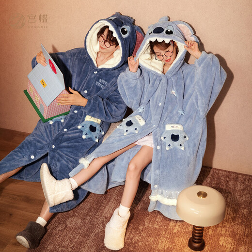 Gongdie thermal storage type Disney Stitch winter coral velvet couple nightgown for women cartoon home clothes for men