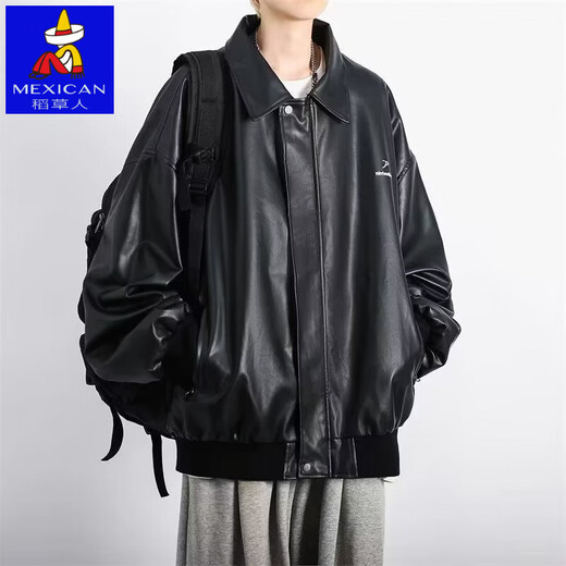 High quality black pu leather jacket men's autumn and winter velvet American style motorcycle jacket black velvet 2XL