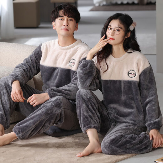 Modal couple pajamas autumn and winter thickened coral velvet men's and women's flannel warm and cute cartoon large size home clothes set QH8211 hooded fleece L male + female M