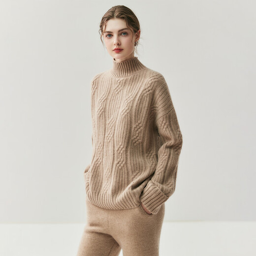 Mushi Cashmere Sweater Women's Half Turtleneck Sweater Women's Winter Cable Striped Knit Sweater Loose Pullover Bottoming Shirt RC25145 Cream White One Size