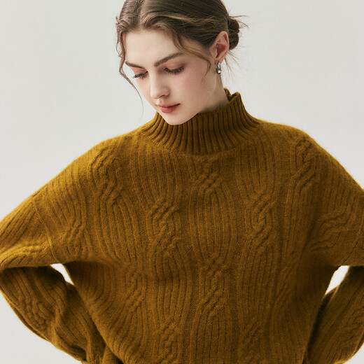 Mushi Cashmere Sweater Women's Half Turtleneck Sweater Women's Winter Cable Striped Knit Sweater Loose Pullover Bottoming Shirt RC25145 Cream White One Size