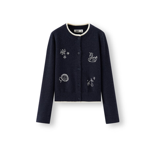 Semir Chen Turin Knitted Cardigan Women's Small Loose Short Round Neck Sweater 2025 Winter New Pattern Embroidered Right Shoulder Sweater Blue Tone 00388 L