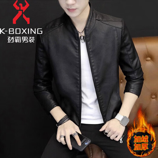 KBXNG劲霸皮衣男士秋冬季韩版潮流帅气修身外套青年加绒防风骑行机车皮 黑色 加绒 L 102-118斤