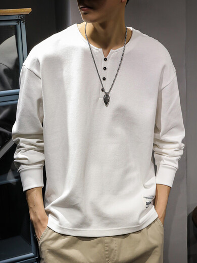 Luo Meng spring and autumn heavy cotton men's sweatshirt loose large size American fashion brand top Henry collar long-sleeved T-shirt bottoming shirt white L suitable weight 130-145Jin Jin equals 0.5 kg