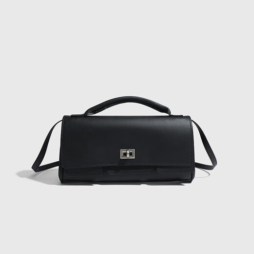 MOSPOKE light luxury brand genuine leather bag women's bag handbag horizontal small square bag lock bag baguette handbag shoulder bag oblique black gold buckle