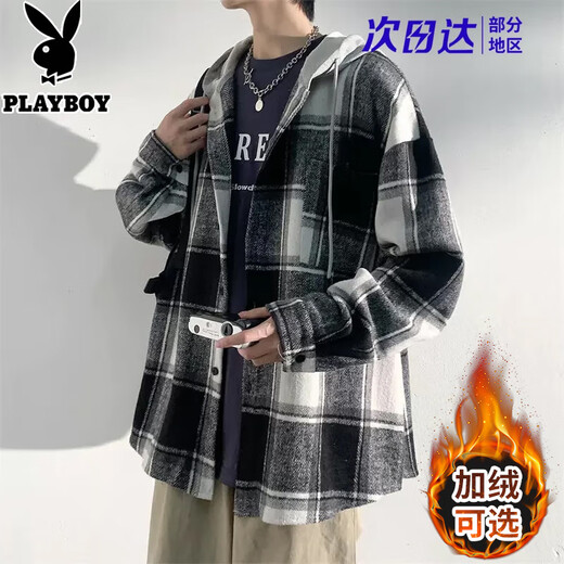 Playboy hooded men's shirt long-sleeved spring and autumn new thickened loose trendy casual plaid shirt jacket for men J25858 black plaid XL recommended 130-145Jin Jin equals 0.5 kg