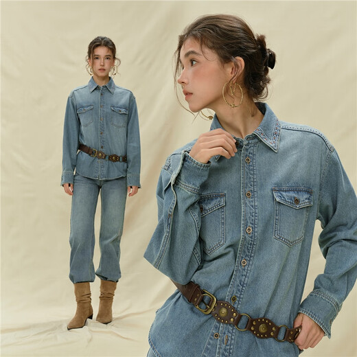 佐丹奴 设计师款女装复古绣花翻领双口袋宽松长袖牛仔衬衫18345617 62复古牛仔色 M