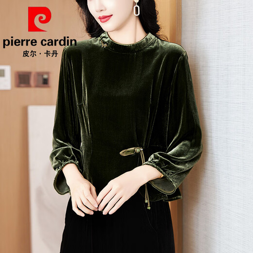 Pierre Cardin high-end brand Chinese style gold velvet top women's long-sleeved autumn and winter new Chinese style mulberry silk shirt mother's silk Pierre Cardin green 3XL (recommended 125-135Jin Jin equals 0.5kg)