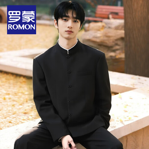 ROMON New Chinese Style Ming Button Chinese Stand Collar Suit Men's Groom Wedding Banquet Suit Chinese Style Art Exam Mao Suit Black Jacket + Pants 2XL (Recommended 171-195 Jin Jin equals 0.5 kg)