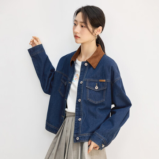茵曼（INMAN）纯棉撞色翻领牛仔外套女2025秋季时尚复古百搭宽松夹克上衣 深牛仔蓝 M