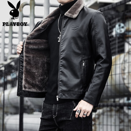 Playboy (PLAYBOY) Haining Haining Leather Men's Autumn and Winter Thickened Warm Jackets Young and Middle-aged Fur Collar Soft Leather Jackets Winter Men's Black Velvet Thickened L Recommended 115-130 Jin Jin equals 0.5 kg