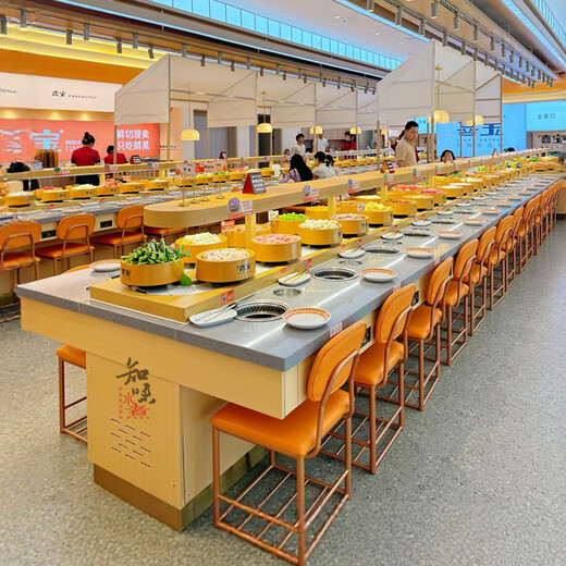 A complete set of commercial self-service rotating small hot pot equipment for boiling, spicy, hot, sushi, and grilling all-in-one rotating small hot pot