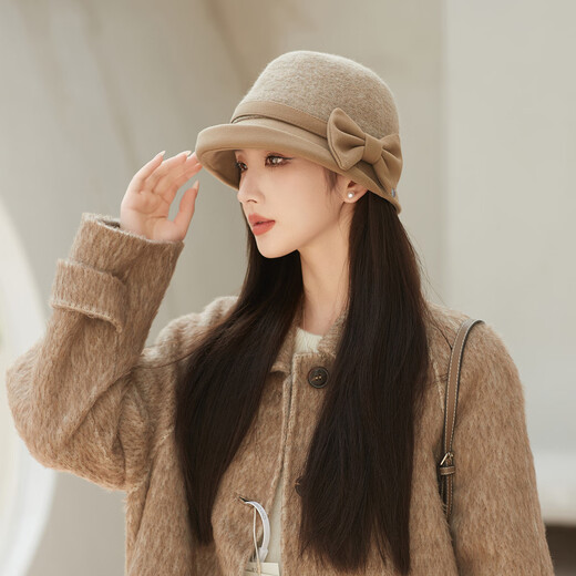 Catman Hat Women's Autumn and Winter Fashion Versatile Basin Hat Wool Winter Warmth British Retro Elegant Fisherman Hat Temperament Hat Khaki 56-59CM