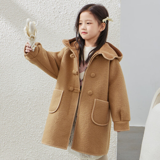 Tutu Little Elephant Girls' Jacket Autumn and Winter Mid-Length Hooded Children's Woolen Coat Khaki 120 Height About 120cm