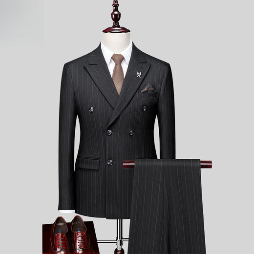 Lilan men's suit suit wedding groom double-breasted slim dress striped suit full set men's business formal suit dark gray double-breasted 3-piece suit suit + trousers + vest XL recommended 115-130 Jin Jin equals 0.5 kg