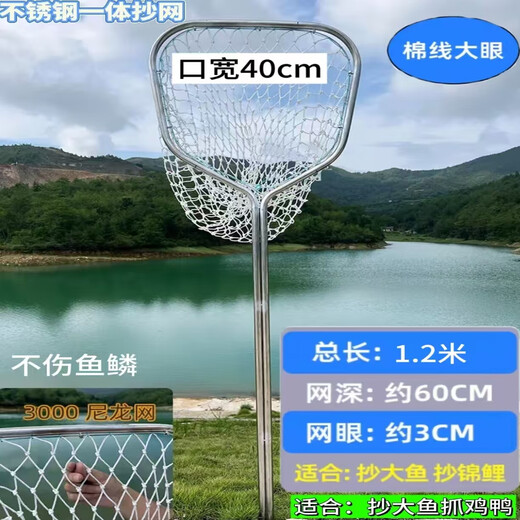 Super strong and durable one-piece stainless steel copy net for big fish and big things, fishing net copy net bag, fish copy net supplies, total length 1.2 meters, thickened mesh, random color