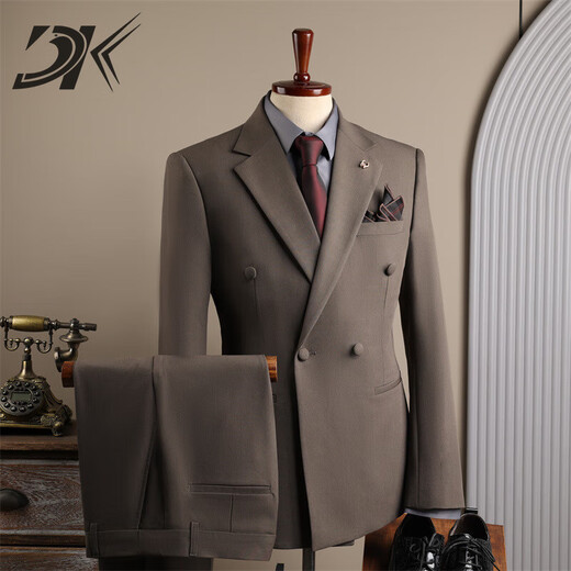 DK high-end men's suit suit men's double-breasted jacket casual business formal wear groomsman wedding suit two-piece brown (suit + trousers) 3XL 56 (145-158Jin Jin equals 0.5 kg)
