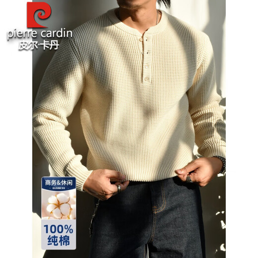 Pierre Cardin thickened sweater men's Henry collar sweater casual cotton heavy sweater American retro bottoming sweater raw cotton color S
